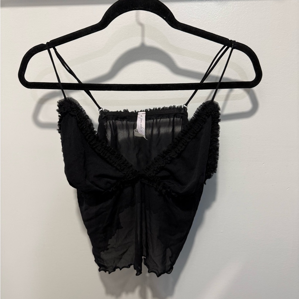Urban Outfitters Black Sheer Top with Fuzzy Trim